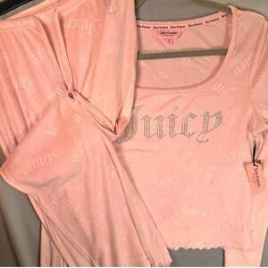 Y2K Barbiecore Juicy Couture XL Pink Velour Rhinestone Tracksuit Pajama Set